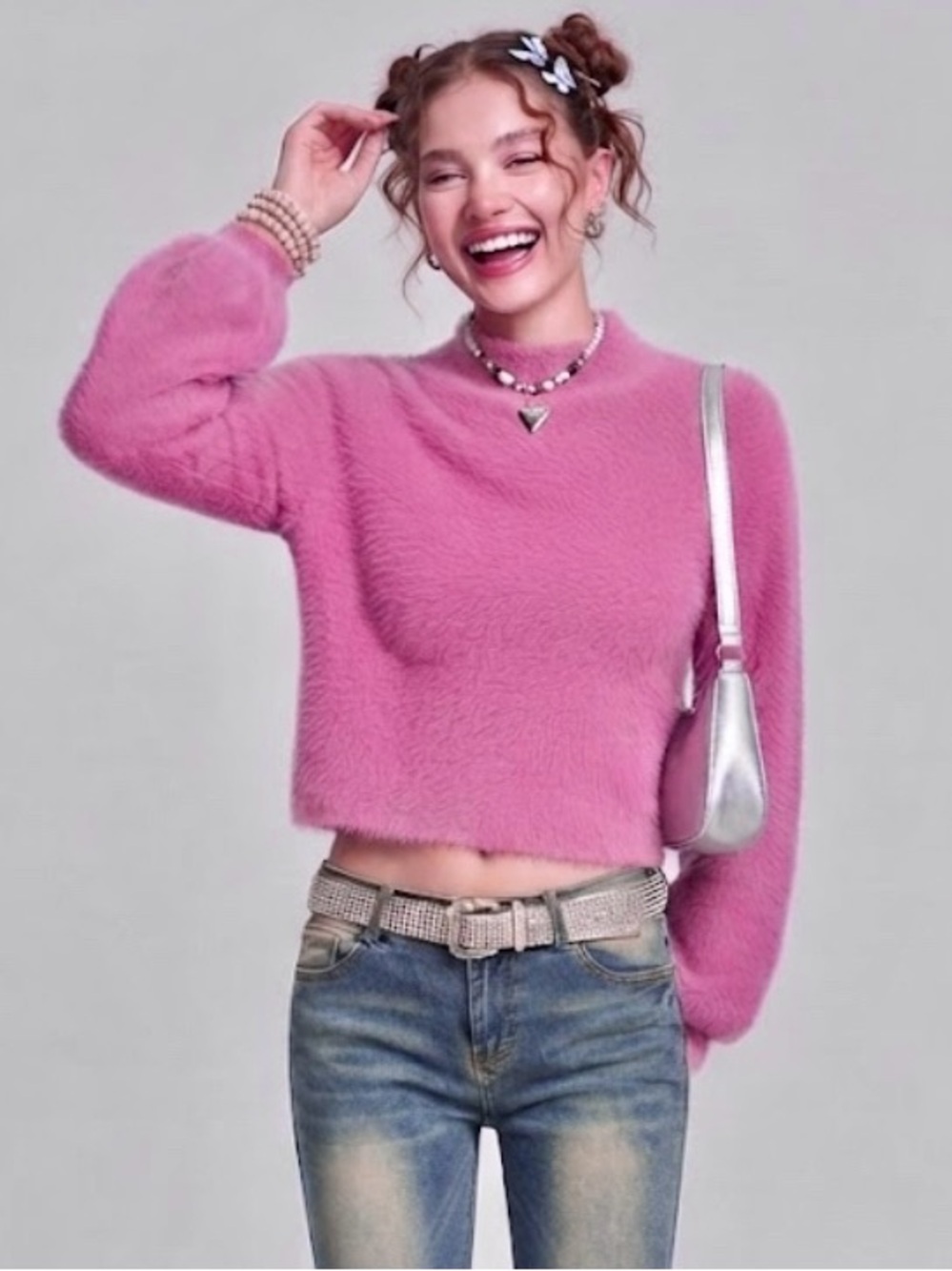 Fuzzy Super Soft Mock Neck Crop Sweater Pink/Purple, Y2K